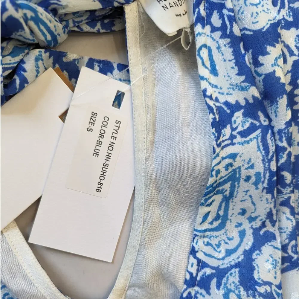 Hemant and Nandita Suho V-Neck Mini Dress Size Small Blue Paisley Preowned - Picture 7 of 12